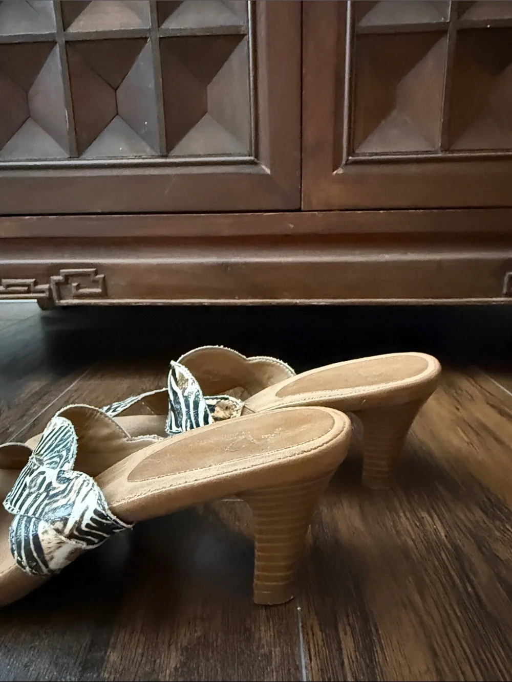 A2 By Aerosoles Animal-Print Heeled Slide Sandals in Black and Tan